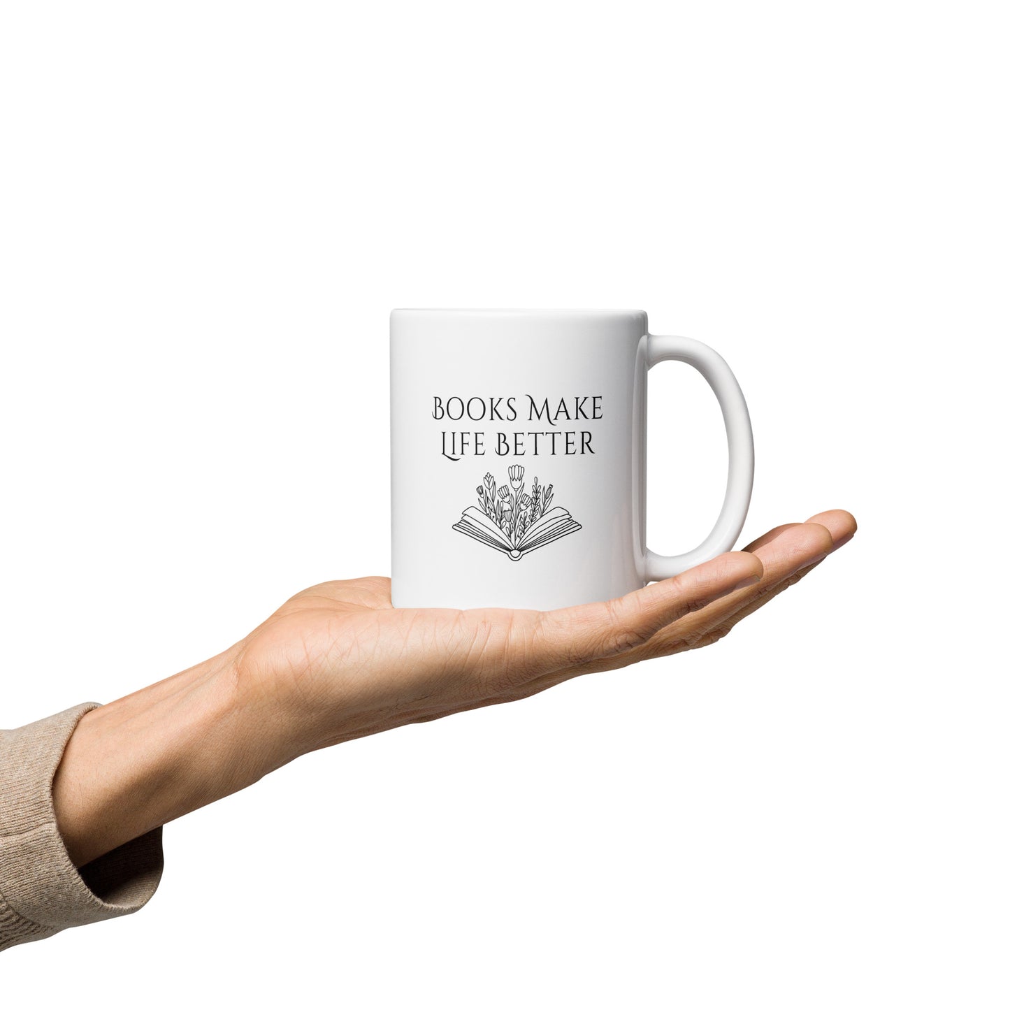 "Books Make Life Better" White glossy mug